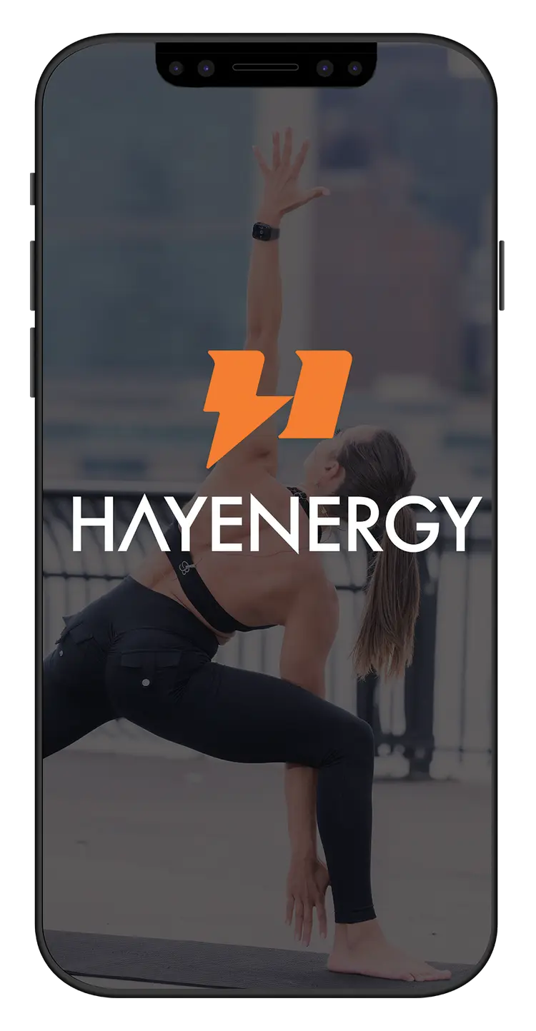 A smartphone with the HayEnergy logo and Hayane doing a yoga pose outside.